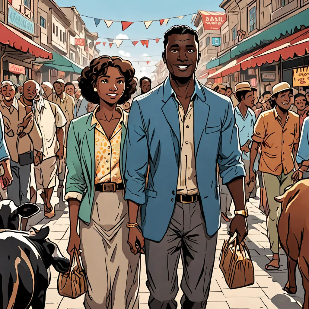 a man and woman walking down a street with a cow in front of them and a crowd of people, afrofuturism, a comic book panel, Asaf Hanuka, graphic novel