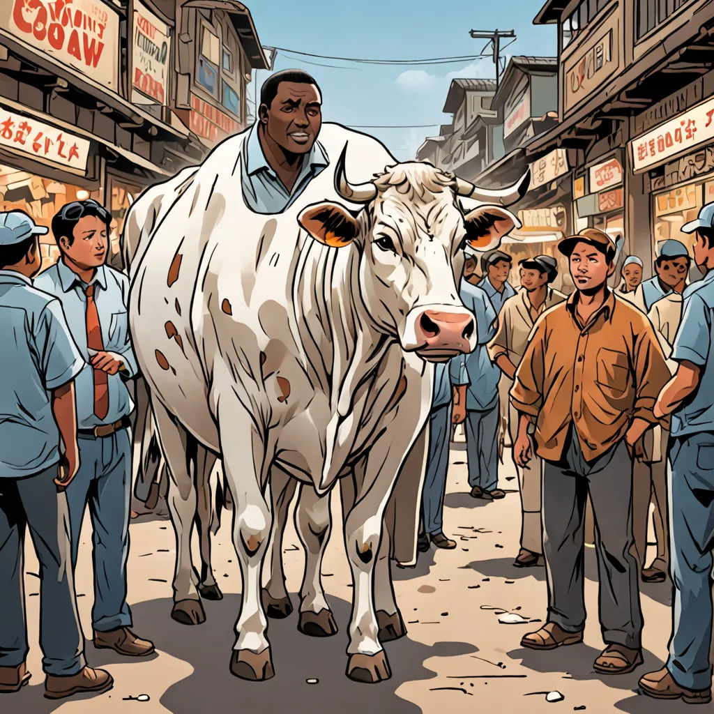 a man standing next to a cow in a street with other men standing around him and a crowd of people watching, afrofuturism, a storybook illustration, Asaf Hanuka, graphic novel