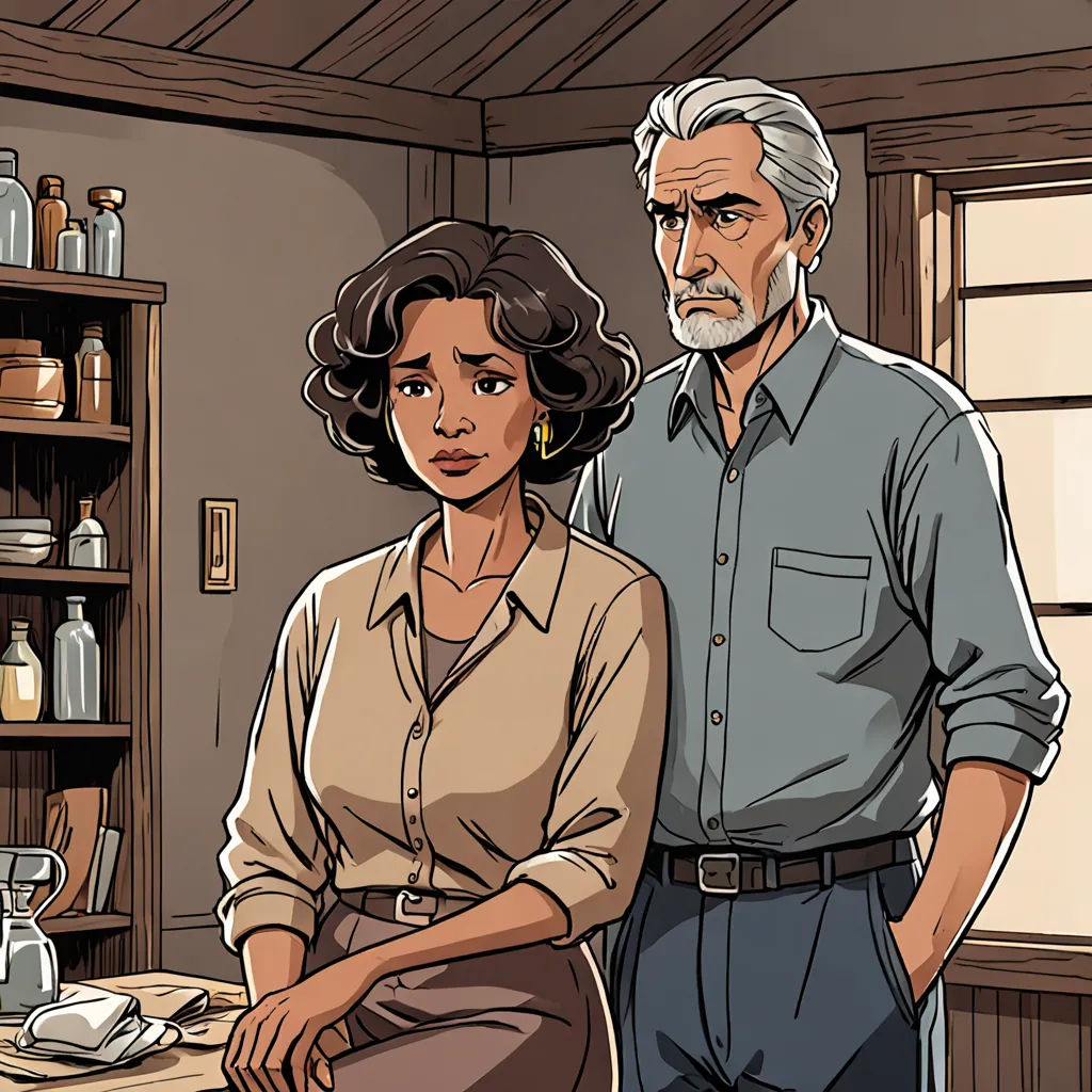 a man and a woman standing in a room with a shelf full of bottles and bottles on it, and a man in a blue shirt and pants, american scene painting, a comic book panel, Ada Gladys Killins, graphic novel