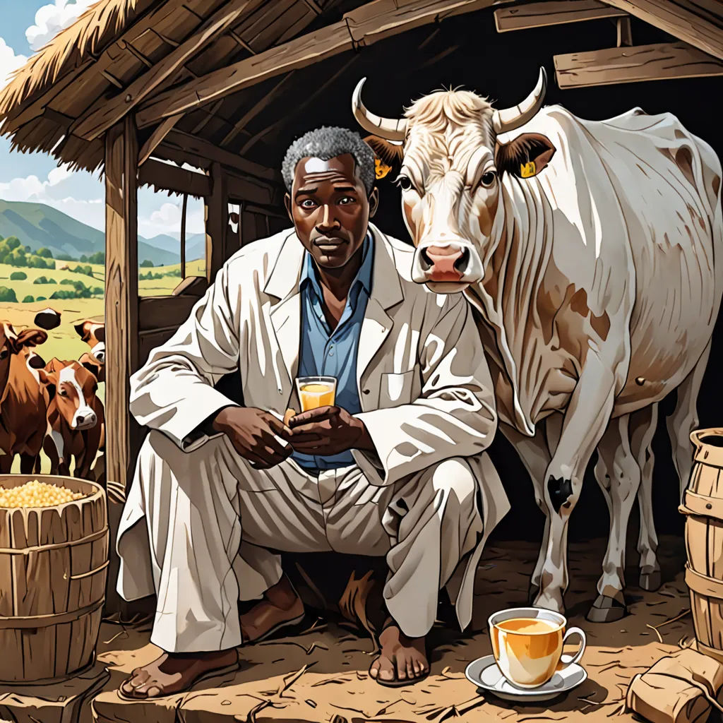 a man sitting next to a cow in a barn with a cup of coffee in front of him and a cow standing next to him, fantastic realism, a storybook illustration, F Scott Hess, highly detailed digital painting