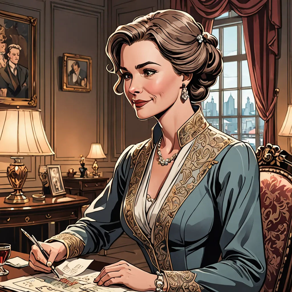 a woman sitting at a desk in a room with a painting on the wall behind her and a pen in her hand, private press, a comic book panel, Elizabeth Forbes, kinkade