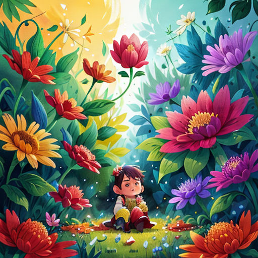 a painting of a girl sitting on a flowery field with flowers around her and a sky background with a sun