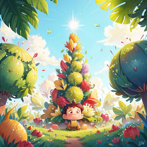 a cartoon of a forest with a little girl in the middle of it and a monkey in the middle of the forest