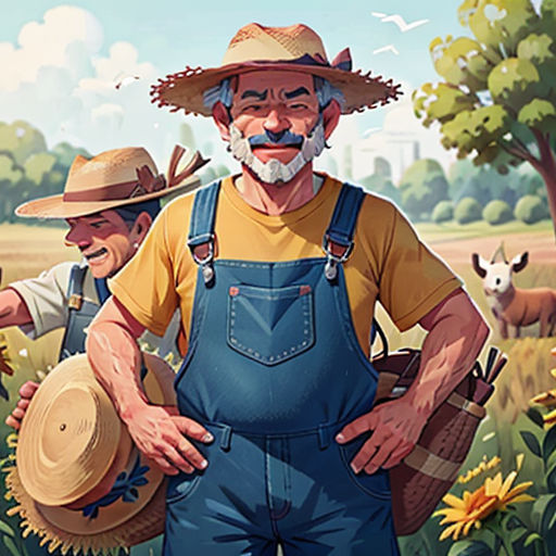 a painting of a man with a hat and overalls standing in a field of sunflowers with other men