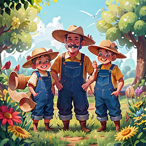 a painting of three children wearing overalls and hats standing in a field with a man in a straw hat