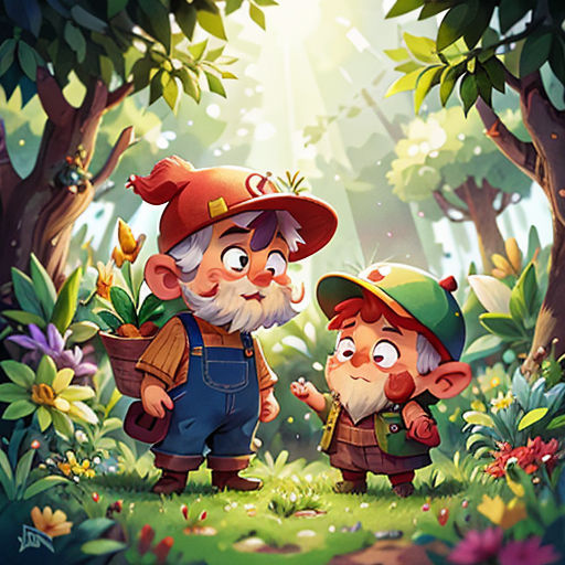 a couple of gnomes standing in the middle of a forest with trees and flowers on the ground,