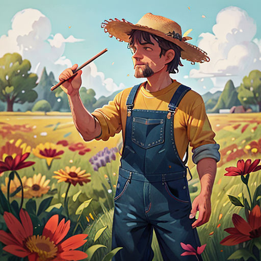 a man in overalls and a straw hat holding a stick in a field of flowers with a sky background