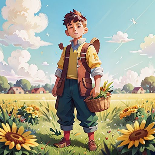 a boy standing in a field with a basket of flowers in his hand and a sunflower in his other hand