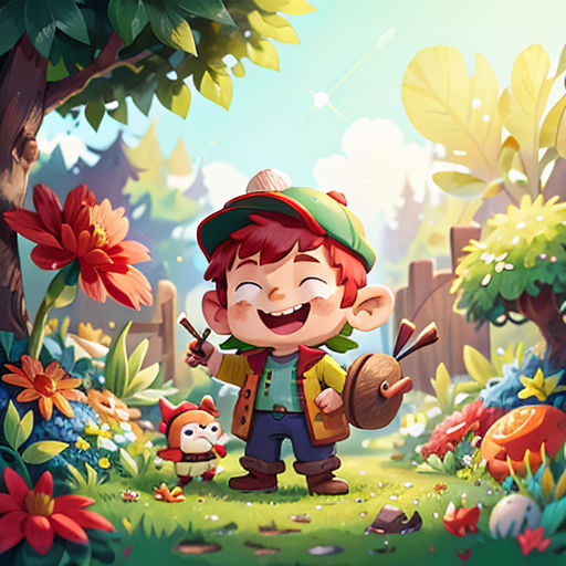 a cartoon boy with a hat and a backpack in a forest with a bear and a bird on the ground