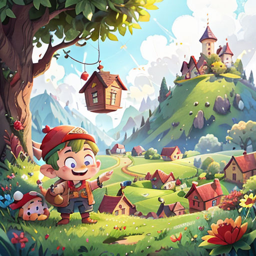 a cartoon of a boy with a backpack and a mushroom house in the background of a green field with a tree