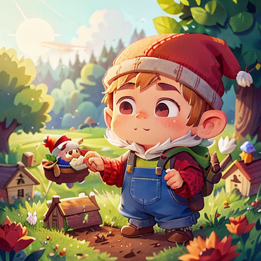 a boy in a red hat is holding a bird in a forest with a birdhouse and a bird