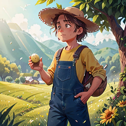 a boy in overalls holding a piece of food in his hand and a hat on his head, standing in a field
