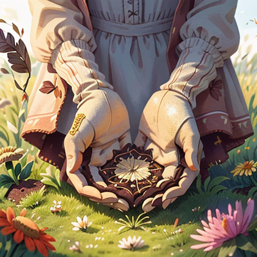 a painting of a woman in a dress holding a flower in her hands with a sunflower in her hand