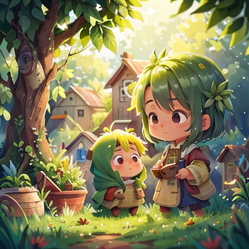 a couple of kids standing in the grass near a tree and a house in the background with a bird