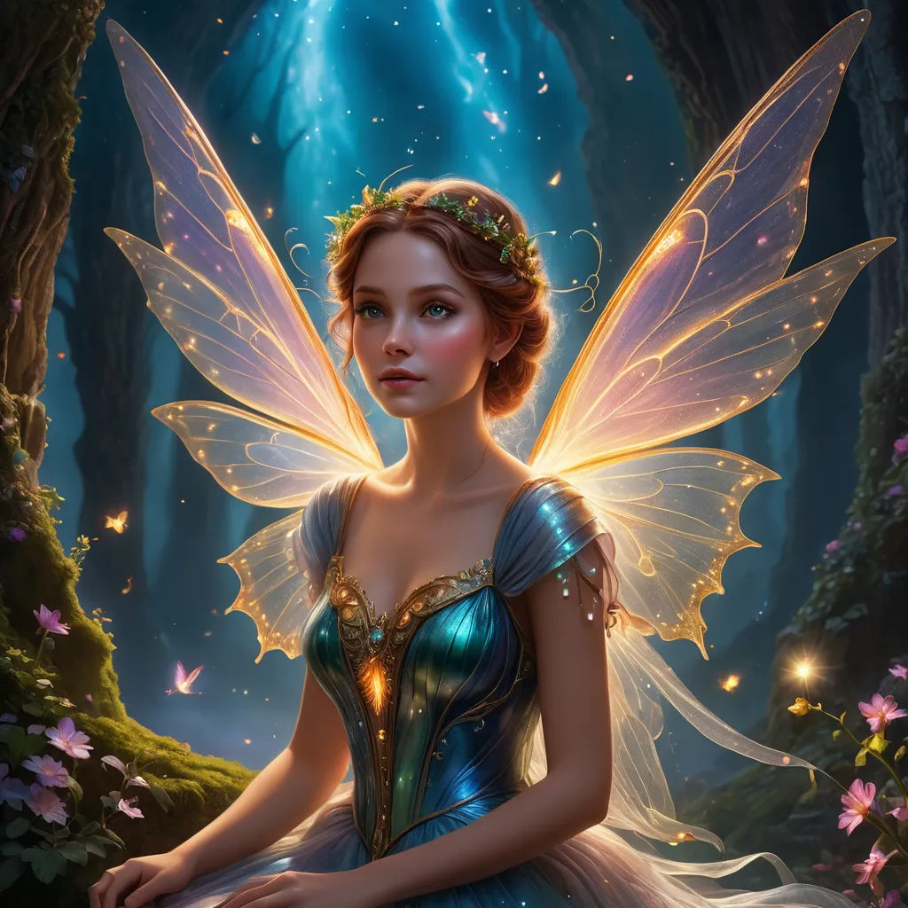 a fairy sitting in a forest with a butterfly on her shoulder and a flower in her hair, with a blue dress and a crown on her head, fantasy art, a storybook illustration, Anne Stokes, rossdraws global illumination