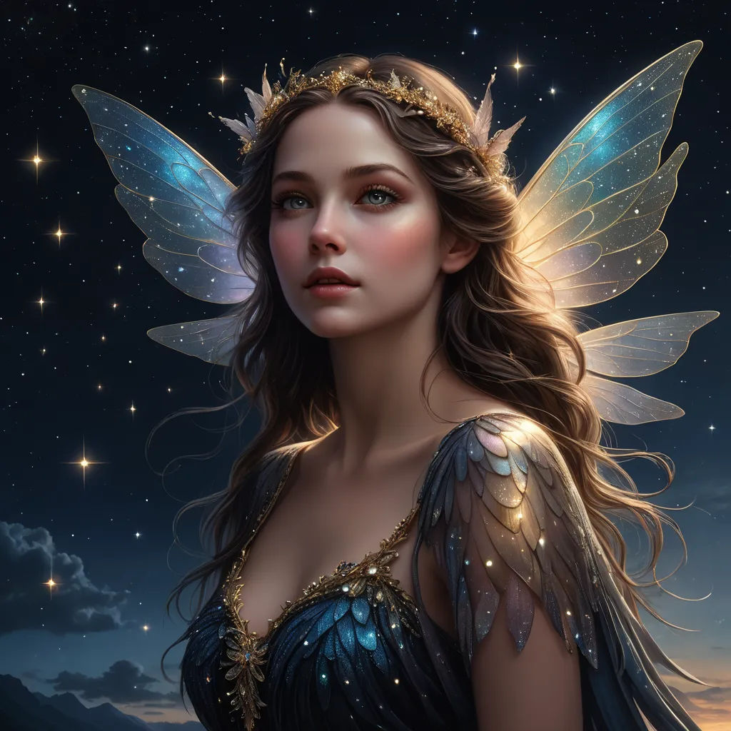 a beautiful fairy with a blue dress and gold wings on her head and a night sky background with stars, fantasy art, a detailed painting, Anne Stokes, highly detailed digital painting