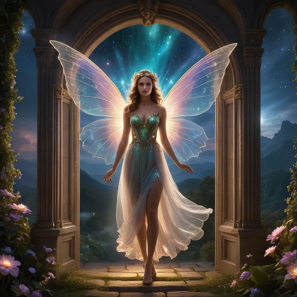 a woman dressed in a fairy costume standing in a doorway with a butterfly wings on her back and a flower in her hand, fantasy art, a storybook illustration, Anne Stokes, fantasy artwork