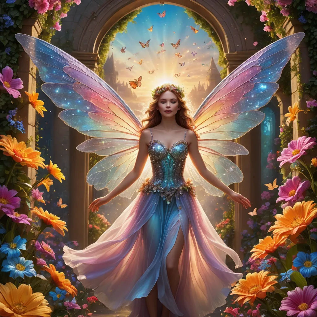 a beautiful fairy with a butterfly wings and a blue dress in a garden with flowers and butterflies around her, fantasy art, a storybook illustration, Anne Stokes, fantasy artwork