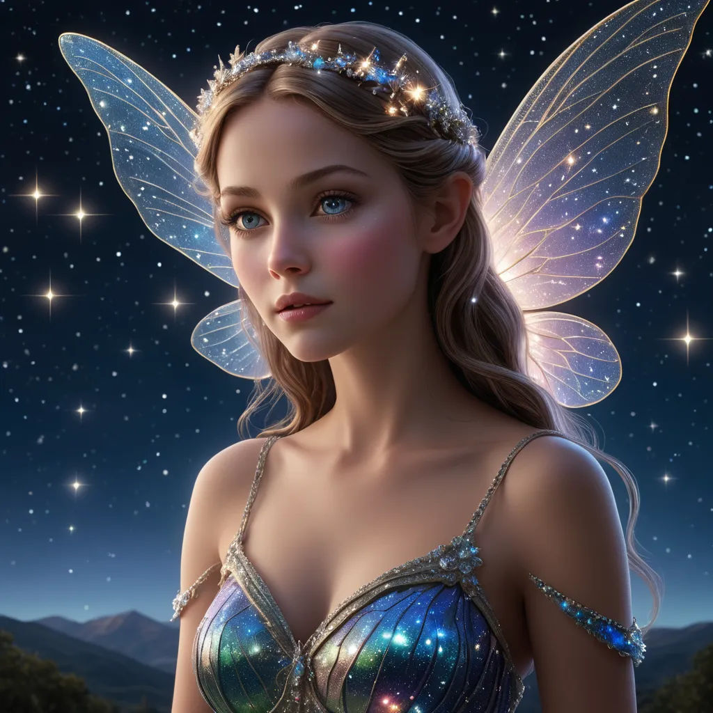 a beautiful fairy with a blue dress and a star crown on her head and a night sky background with stars, fantasy art, a storybook illustration, Anne Stokes, rossdraws global illumination