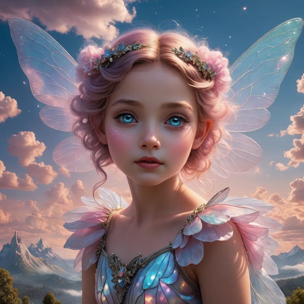 a fairy with a pink hair and blue eyes is standing in a field with a mountain in the background, fantasy art, a storybook illustration, Anne Stokes, highly detailed digital painting