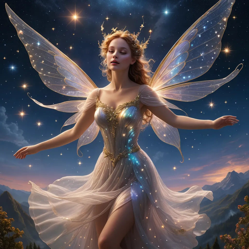 a woman dressed in a fairy costume standing in the sky with her arms outstretched and her legs spread out, fantasy art, a storybook illustration, Anne Stokes, fantasy magic