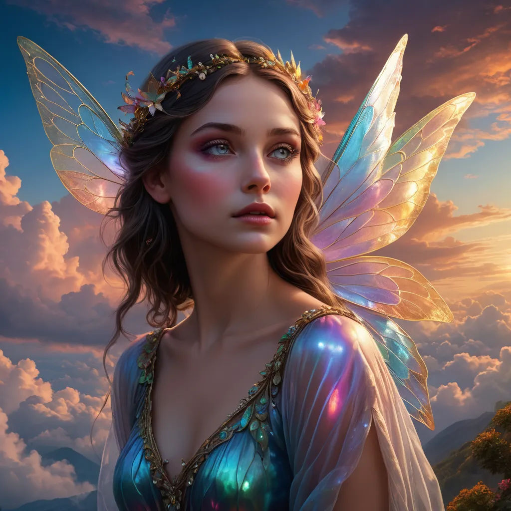 a beautiful fairy with a blue dress and a crown on her head standing in the clouds with a sunset behind her, fantasy art, an airbrush painting, Anne Stokes, highly detailed digital painting