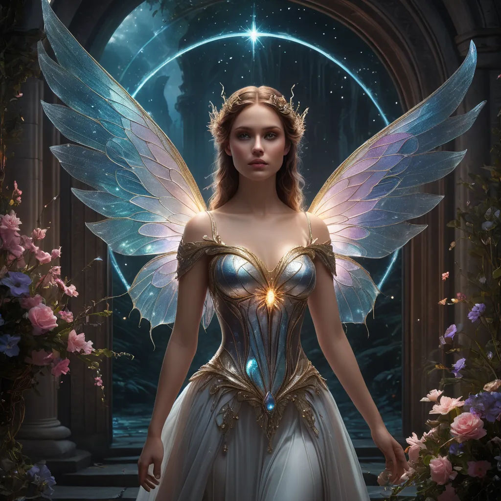 a woman dressed in a fairy costume standing in front of a doorway with flowers and a star in her hair, fantasy art, a detailed painting, Anne Stokes, rossdraws global illumination