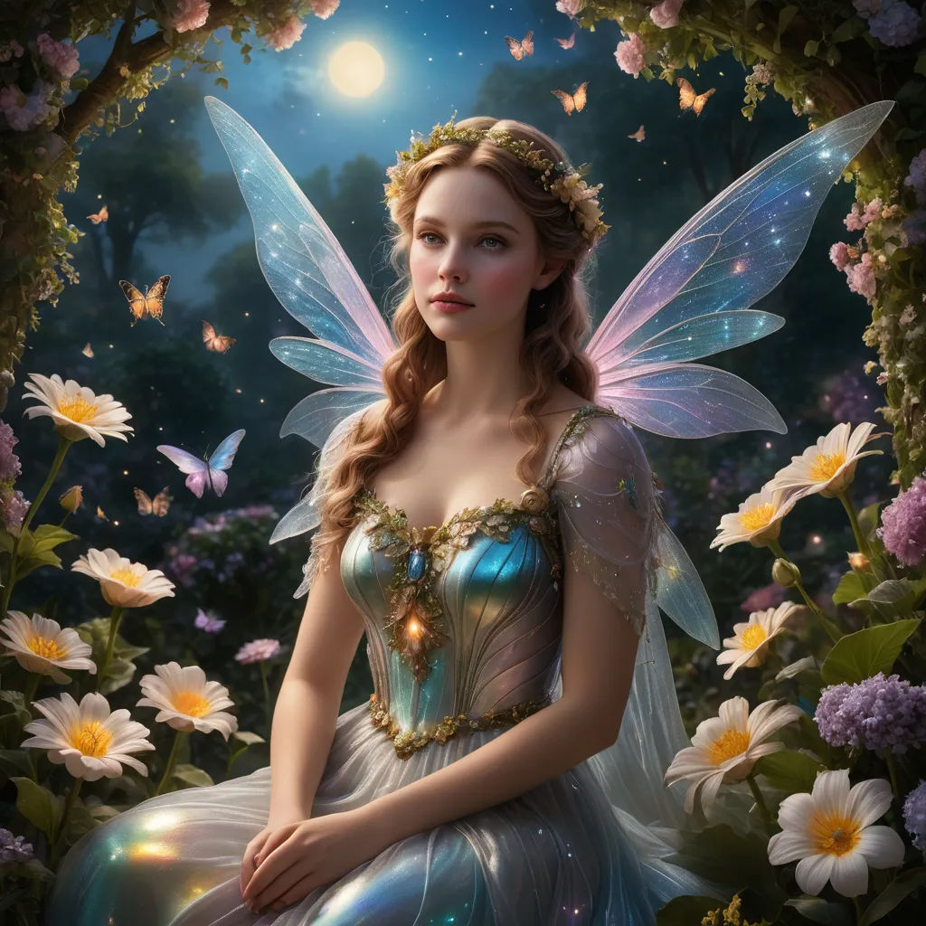 a fairy sitting in a flower filled garden with butterflies around her and a full moon in the background with a full moon behind her, fantasy art, a storybook illustration, Anne Stokes, fantasy artwork