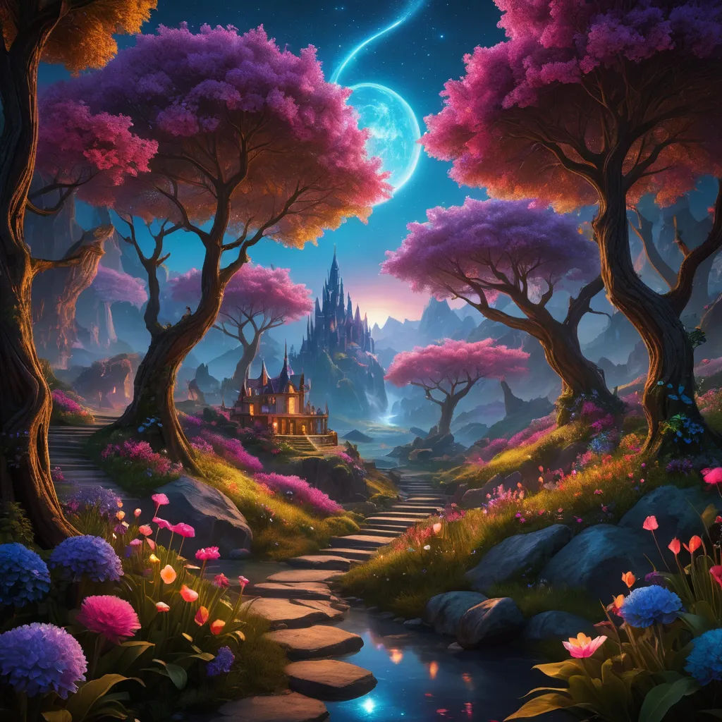 a painting of a fantasy castle surrounded by trees and flowers with a stream running through it, with a full moon in the sky, fantasy art, a detailed matte painting, Anne Stokes, kinkade