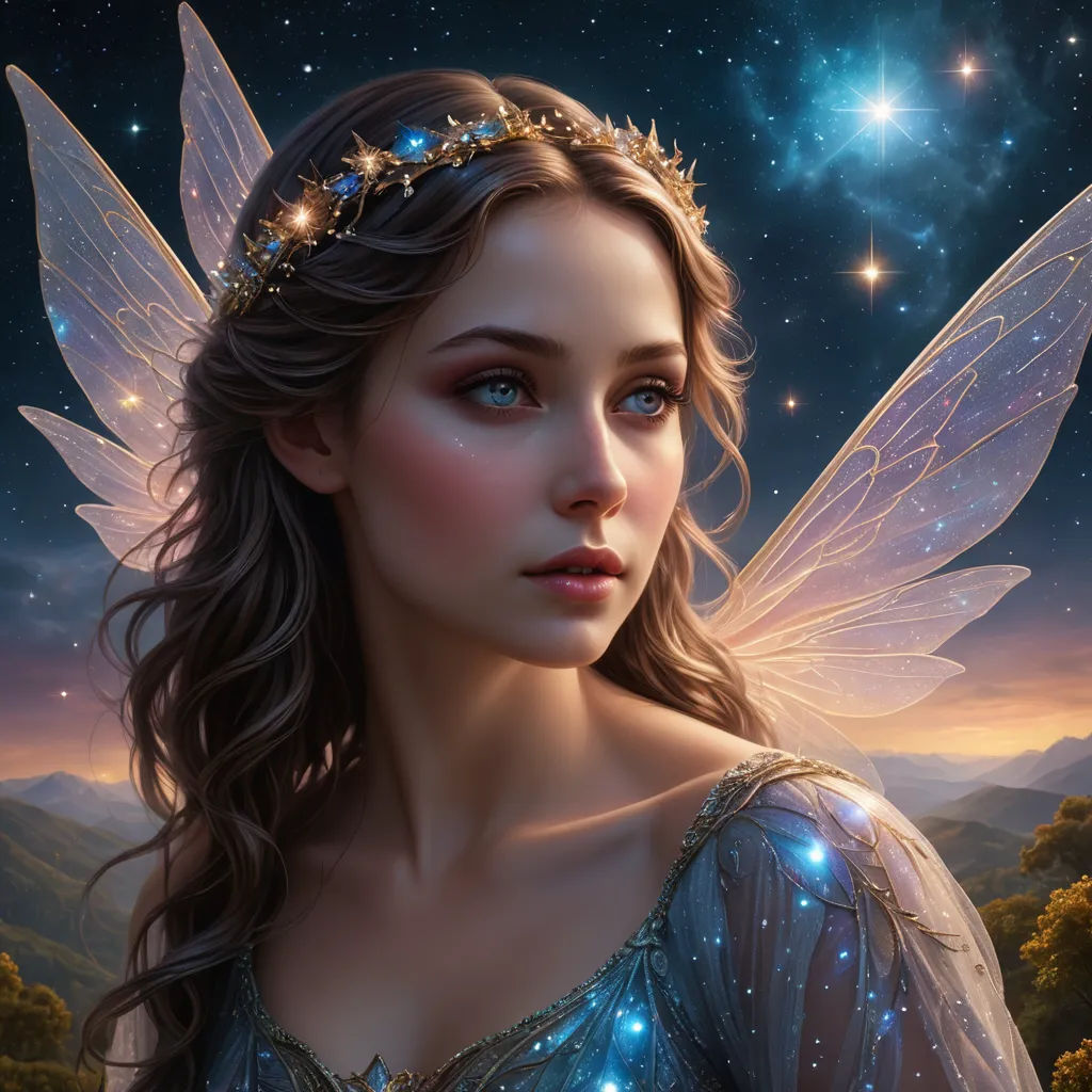 a beautiful fairy with a star crown on her head and a night sky background with stars and a mountain, fantasy art, a detailed painting, Anne Stokes, highly detailed digital painting