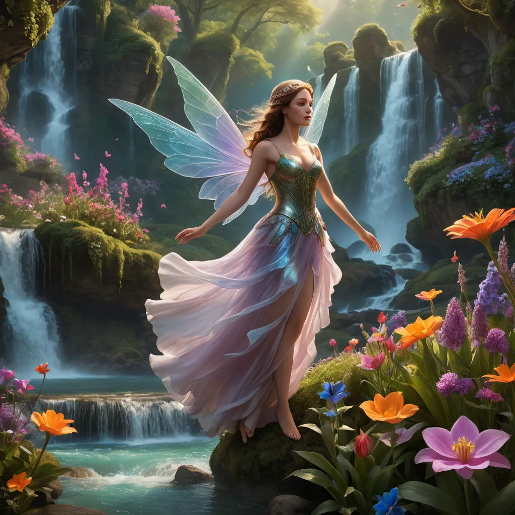 a fairy standing on a rock in a waterfall with flowers around her and a waterfall in the background with a waterfall in the background, fantasy art, a storybook illustration, Anne Stokes, fantasy artwork