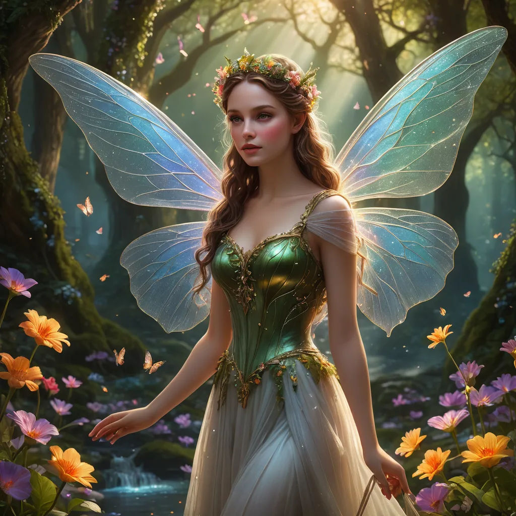 a beautiful fairy standing in a forest with flowers and butterflies around her, holding a wand and looking at the camera, fantasy art, a storybook illustration, Anne Stokes, fantasy artwork