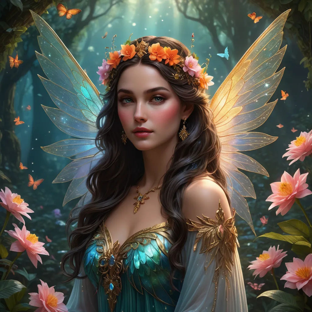 a beautiful fairy with flowers in her hair and a butterfly in her hair, standing in a forest with pink flowers, fantasy art, a detailed painting, Anne Stokes, fantasy artwork
