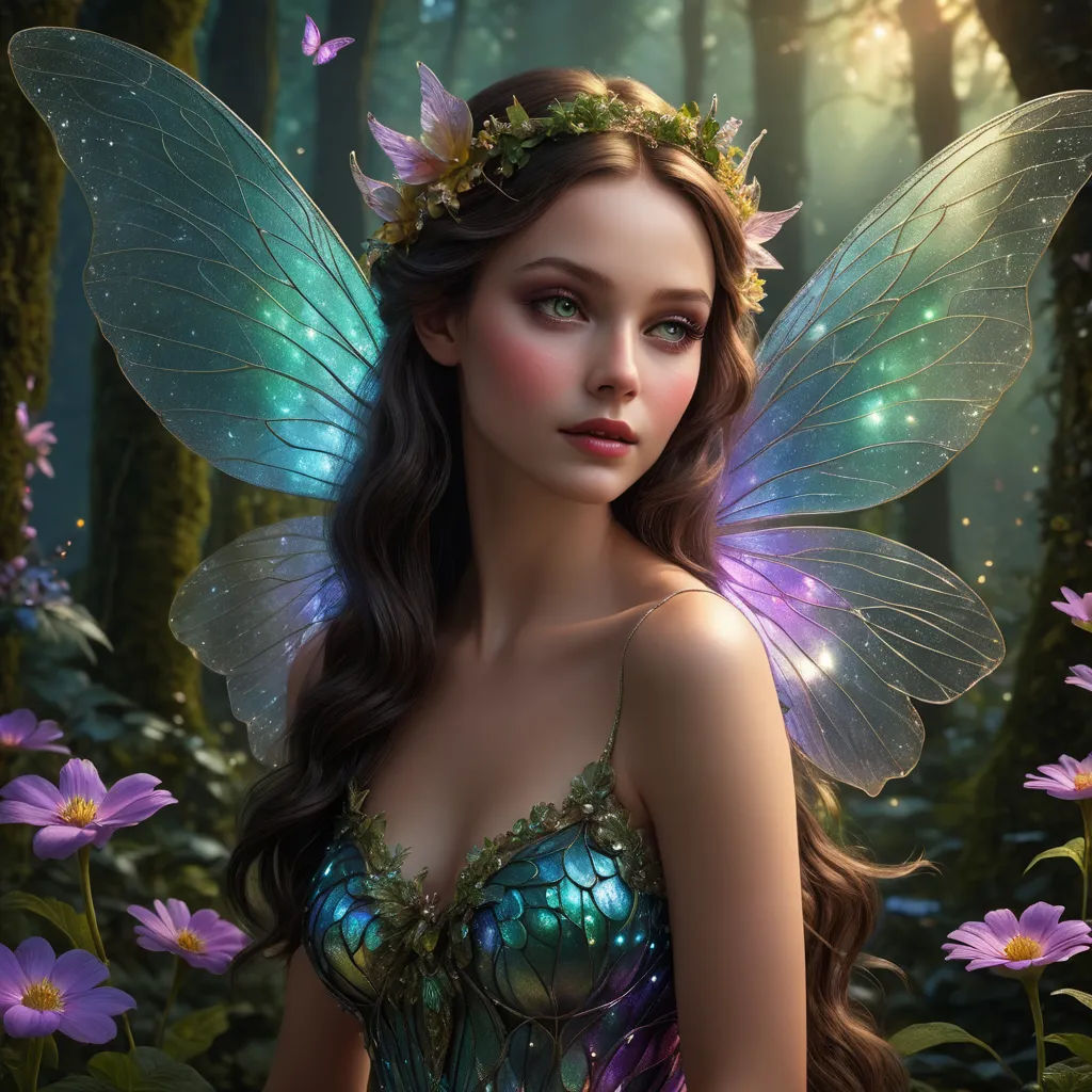a beautiful young woman dressed in a fairy costume in a forest with flowers and butterflies around her head and a butterfly wings, fantasy art, a storybook illustration, Anne Stokes, fantasy artwork