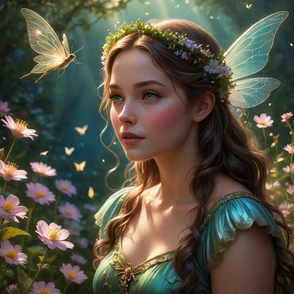 a beautiful young lady with a butterfly in her hair and a flower crown in her hair, standing in a field of daisies, fantasy art, a photorealistic painting, Anne Stokes, highly detailed digital painting