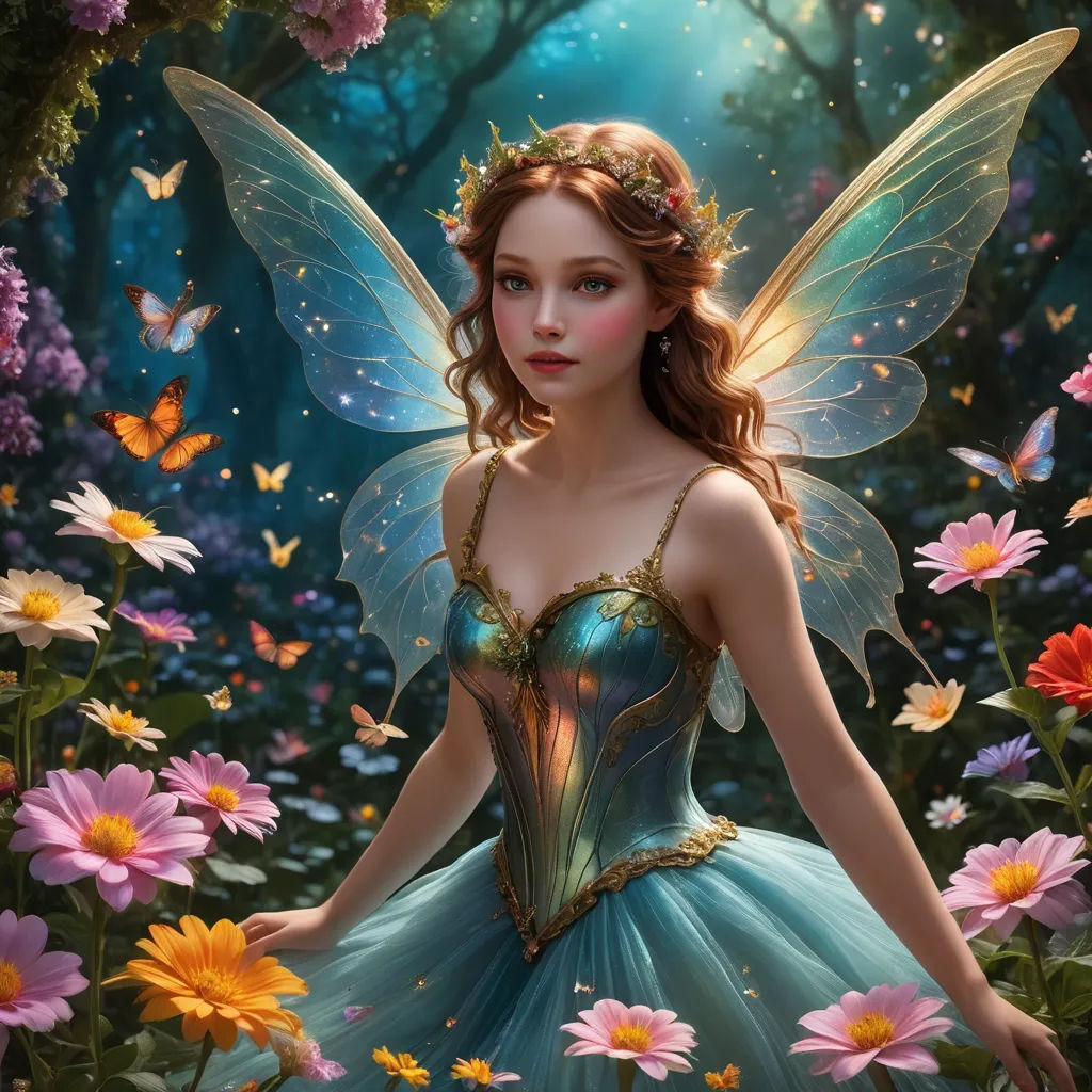 a beautiful fairy with a blue dress and flowers in the background is surrounded by butterflies and flowers in the foreground, fantasy art, a storybook illustration, Anne Stokes, fantasy artwork