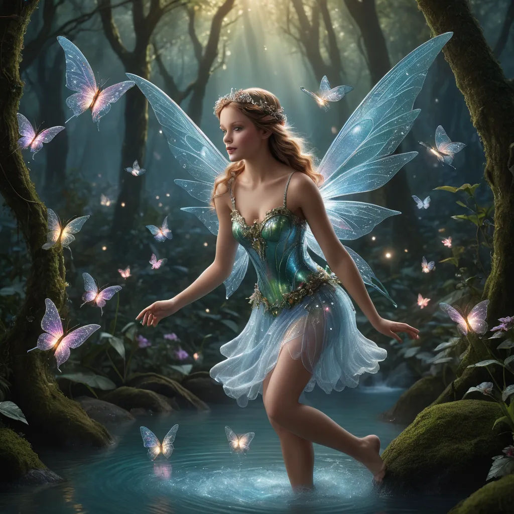 a fairy with a blue dress and wings is walking through a stream in the woods with butterflies around her, fantasy art, a storybook illustration, Anne Stokes, fantasy artwork