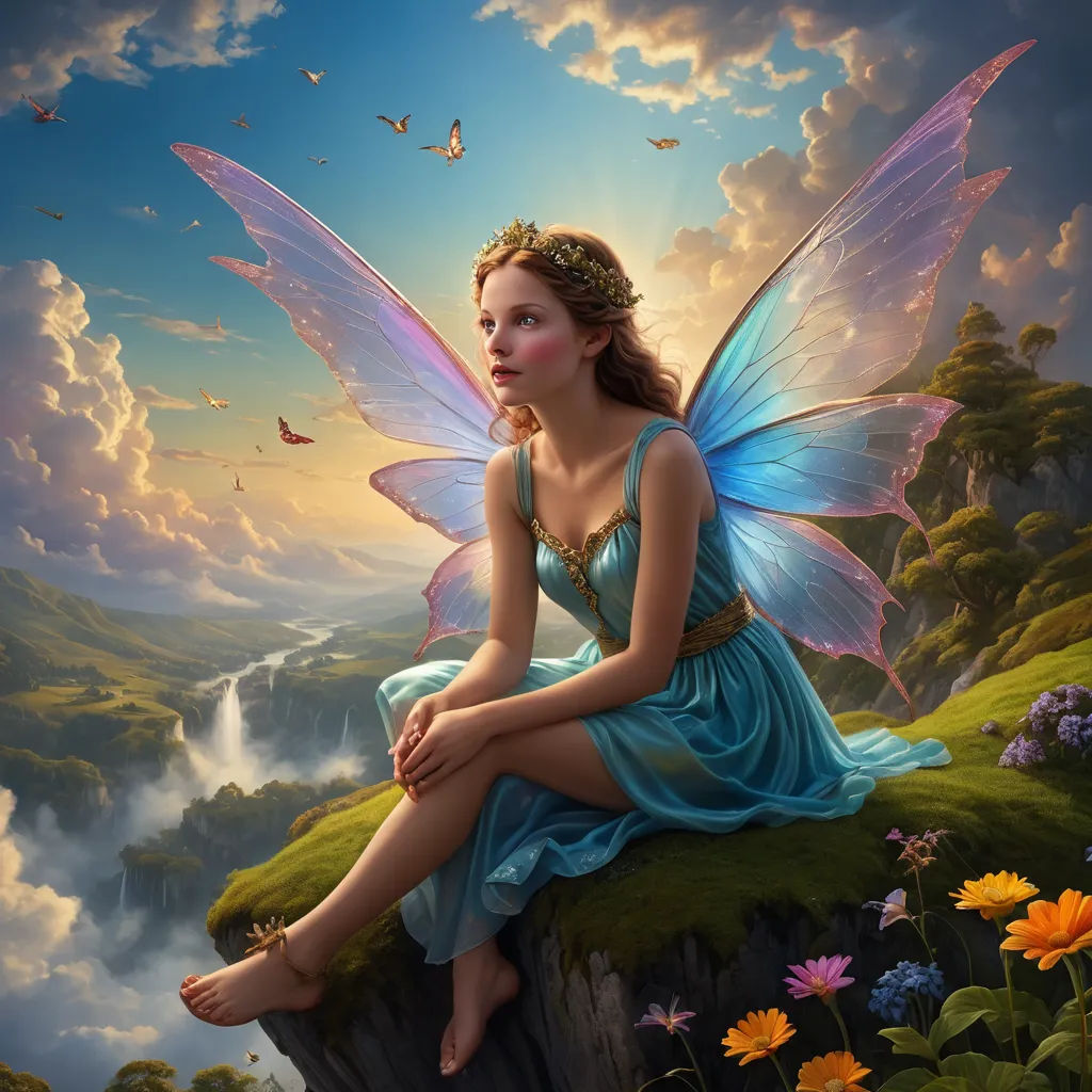 a fairy sitting on a cliff with a butterfly on her shoulder and a sky background with clouds and flowers, fantasy art, a storybook illustration, Anne Stokes, highly detailed digital painting