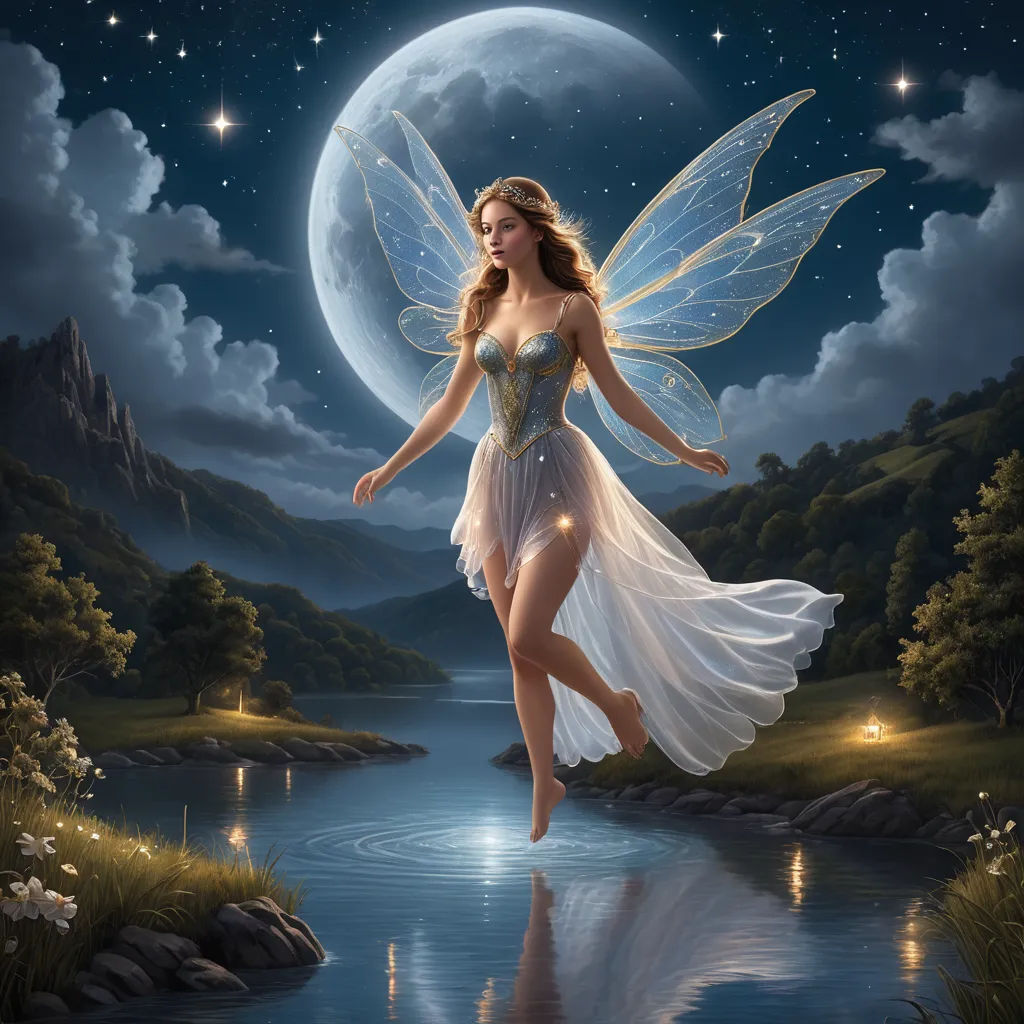 a fairy is walking across a body of water in front of a full moon and stars sky with a full moon behind her, fantasy art, a storybook illustration, Anne Stokes, fantasy artwork
