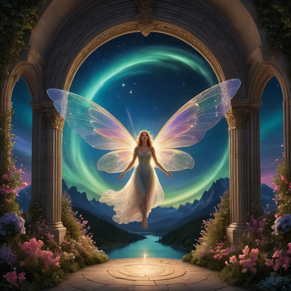 a fairy with wings flying through a doorway with a river in the background and a glowing ring in the sky, fantasy art, a detailed matte painting, Anne Stokes, fantasy artwork