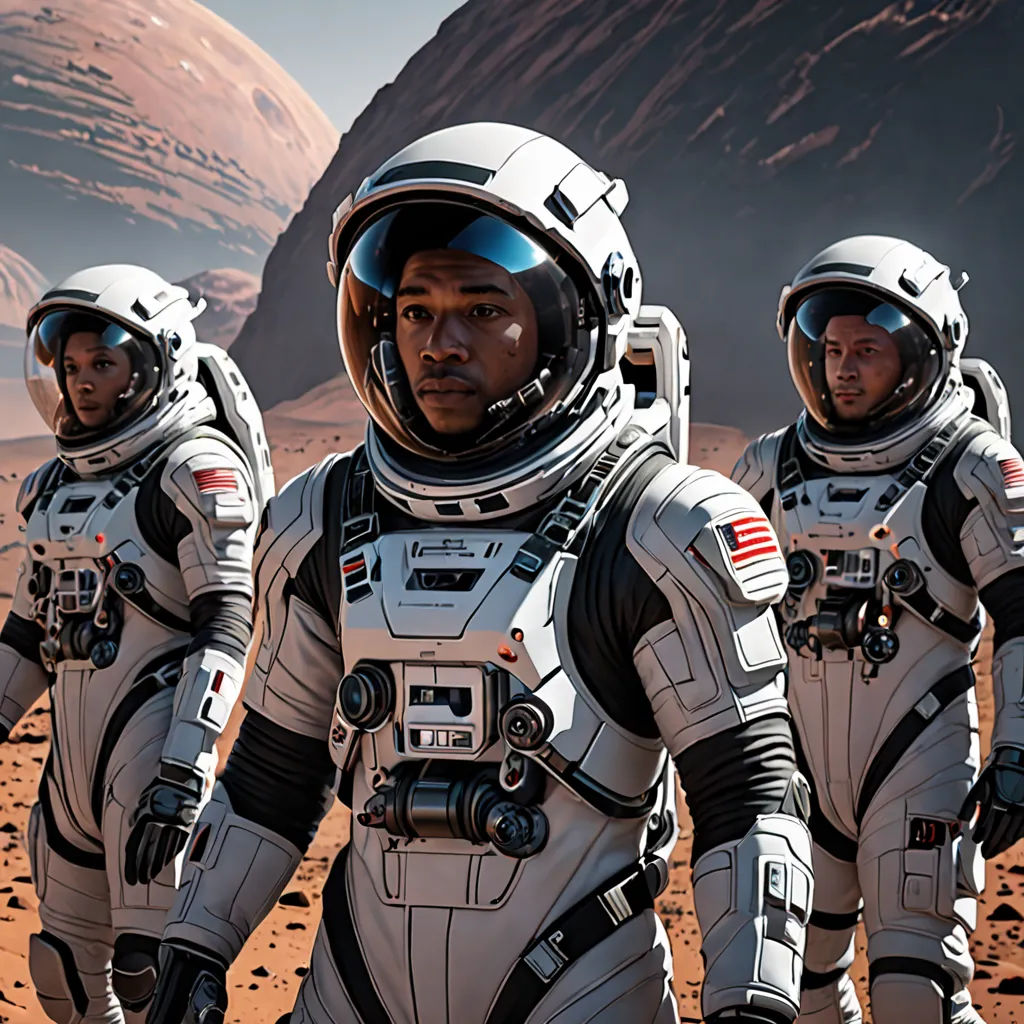 three astronauts walking in a line on a red planet with mountains in the background and a mountain in the distance, Felix-Kelly, afrofuturism, a detailed matte painting, promotional image
