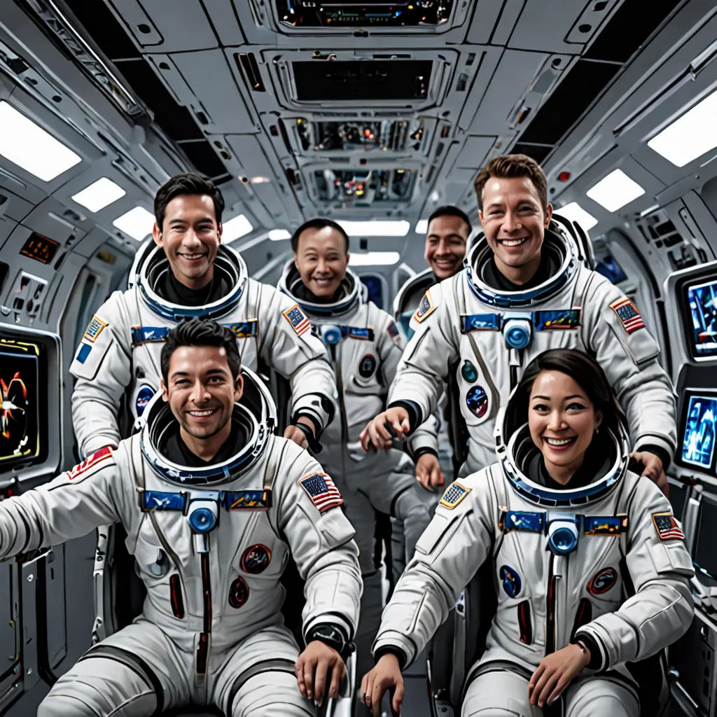 a group of people in space suits posing for a picture in a space station with a monitor screen in the background, Felix-Kelly, space art, a stock photo, promotional image