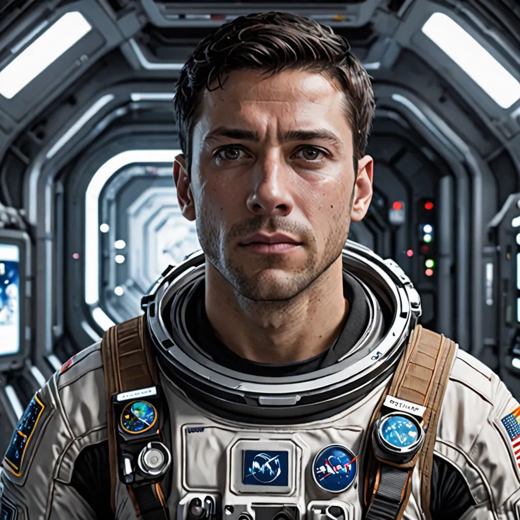 a man in a space suit standing in a space station looking at the camera with a serious look on his face, Felix-Kelly, space art, a detailed matte painting, promotional image
