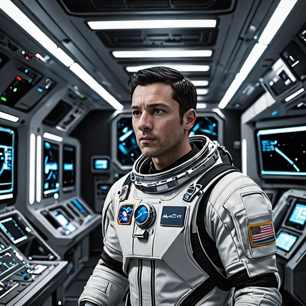 a man in a space suit standing in a room full of control boards and monitors, with a space shuttle in the background, Adam Dario Keel, space art, a detailed matte painting, promotional image