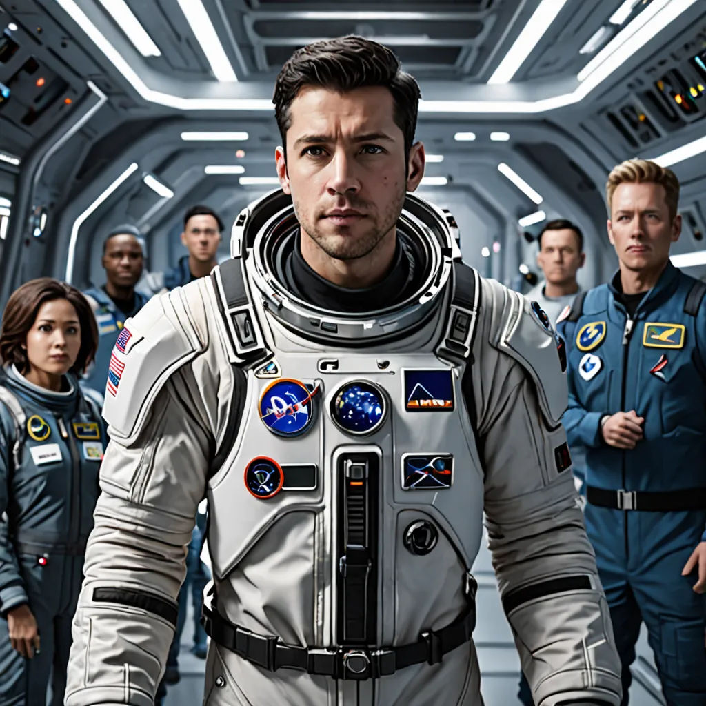 a man in a space suit standing in front of a group of people in a hallway with a spaceship, Felix-Kelly, space art, a poster, promotional image
