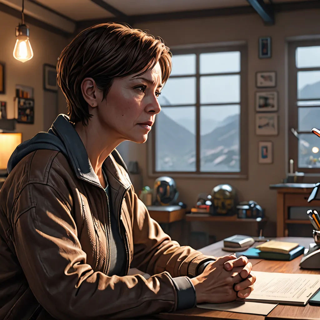 a woman sitting at a desk in front of a computer monitor and a lamp in a room with a mountain view, Eve Ryder, sots art, computer graphics, promotional image