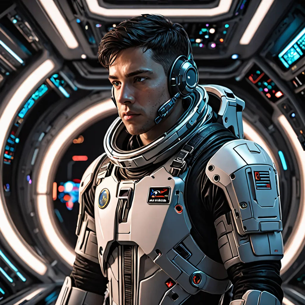 a man in a space suit standing in a tunnel of lights and lights behind him is a robot with a helmet on, Filip Hodas, space art, computer graphics, rossdraws global illumination