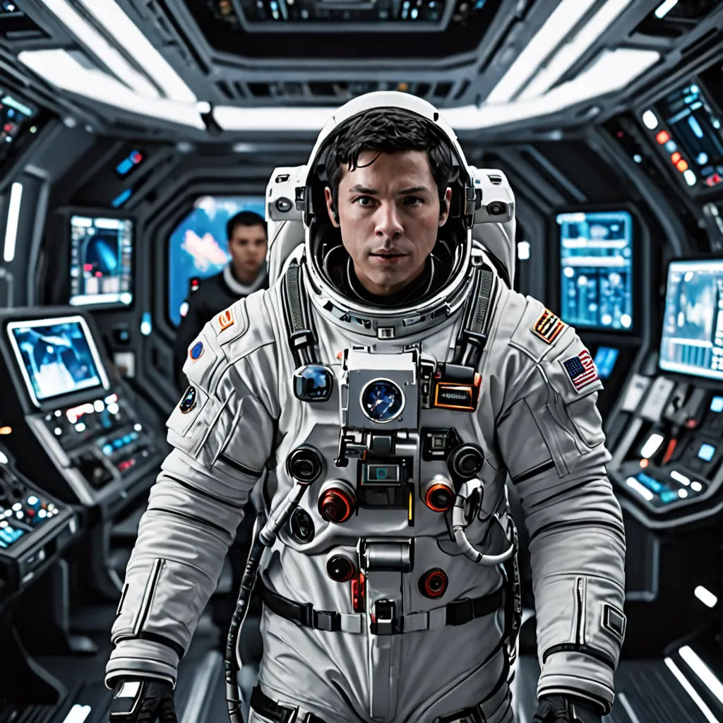 a man in a space suit standing in a room with many monitors on the walls and a man in a space suit standing in front of him, Eddie Mendoza, space art, a detailed matte painting, imax 70 mm footage