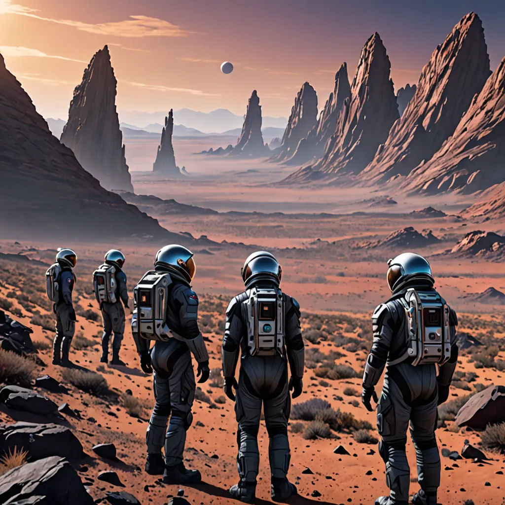 a group of people in space suits standing on a desert area with mountains in the background and a planet in the distance, David A. Hardy, space art, a detailed matte painting, matte painting concept art