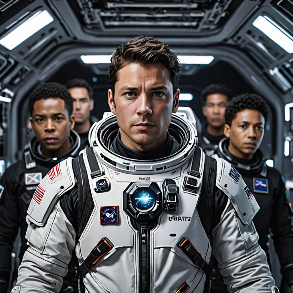 a group of men in space suits standing in a hallway with a camera on their shoulder and a camera on his shoulder, Felix-Kelly, afrofuturism, a poster, promotional image